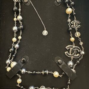 Authentic Chanel Classic Black & Silver Double-Strand Logo Pendant Necklace